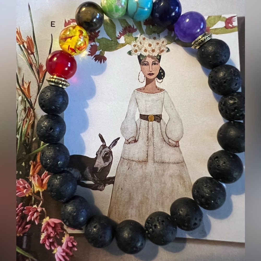 Black Volcanic Stones & 7 chakra healing stones bracelet